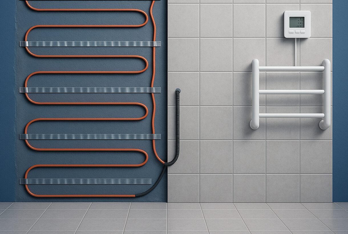 тёплая стена под плиткой в ванной, CALEO Heatwall в интерьере, монтаж кабеля CALEO в стену, как работает CALEO в ванной, обогрев стены под кафелем